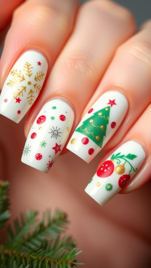 Festive Christmas Nail Art on White Nails White nails with Christmas-themed nail art including snowflakes and trees.